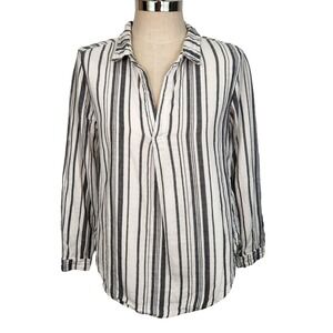 Dylan Striped V Neck Popover Top S Black White Casual Cotton Double Layer Gauze‎